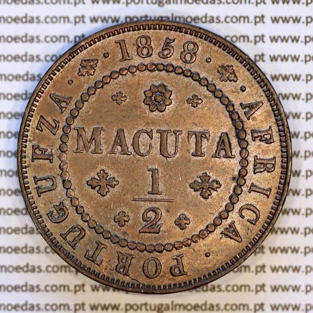 1/2 Macuta 1858 cobre – (Bela+) – Reverso (variação de brilho 2) – Ref. MQ.4D.AG.P5.AG.01.01.A2