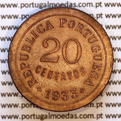 20 Centavos 1933 bronze Guiné – (Bela) – Reverso (variação de brilho 1) – Ref. AG.GU.04.01.A6