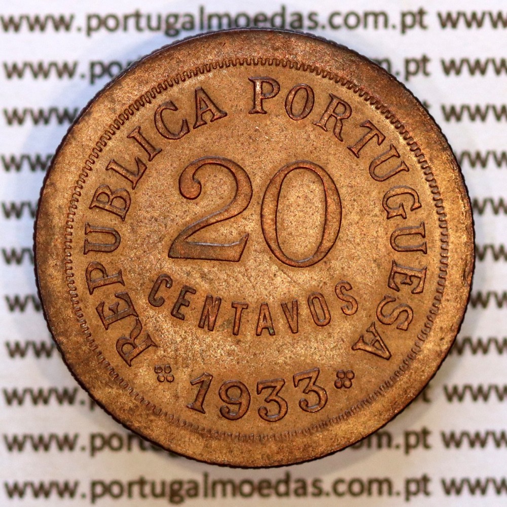 20 Centavos 1933 bronze Guiné – (Bela) – Reverso (variação de brilho 1) – Ref. AG.GU.04.01.A6