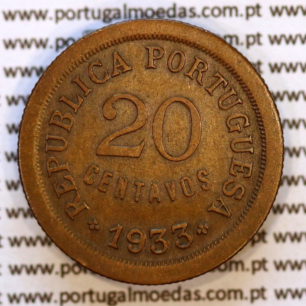 Moeda 20 Centavos 1933 bronze Guiné Portuguesa, emissão colonial da República, KM#3 numismática MBC+