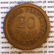 Moeda 20 Centavos 1933 bronze Guiné Portuguesa, emissão colonial da República, KM#3 numismática MBC+