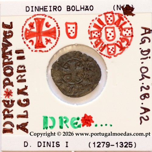 Dinheiro em bolhão D. Dinis I — Detalhe iconográfico (cruz pátea e quadrantes) — Ref. MQ.1D.AG.DI.04.28.A2