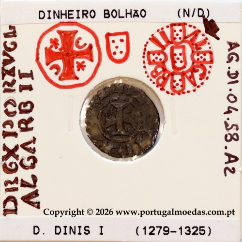 Dinheiro em bolhão D. Dinis I — Detalhe iconográfico (incografia da cruz e escudetes) — Ref. MQ.1D.AG.DI.04.58.A2