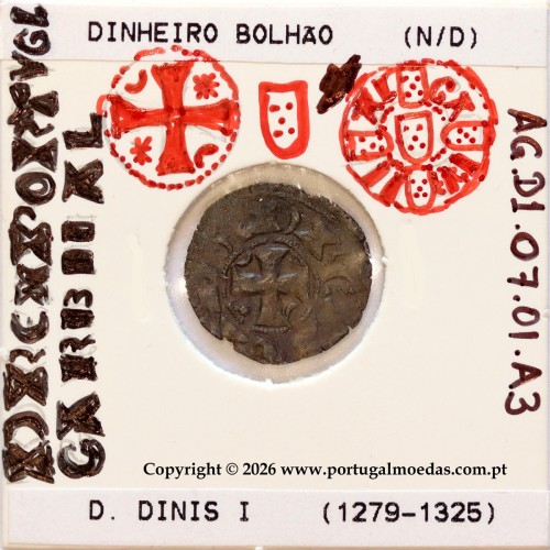 Dinheiro em bolhão D. Dinis I — Detalhe iconográfico (cruz pátea e escudetes) — Ref. MQ.1D.AG.DI.07.01.A3