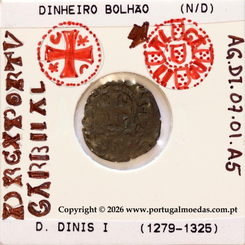 Dinheiro em bolhão D. Dinis I — Detalhe iconográfico (cruz pátea e escudetes) — Ref. MQ.1D.AG.DI.07.01.A5