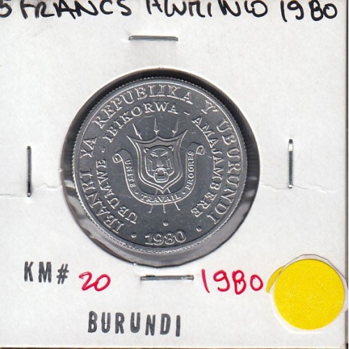 MOEDA DE 5 FRANCS ALUMÍNIO 1980 - BURUNDI - KRAUSE WORLD COINS BURUNDI KM 20