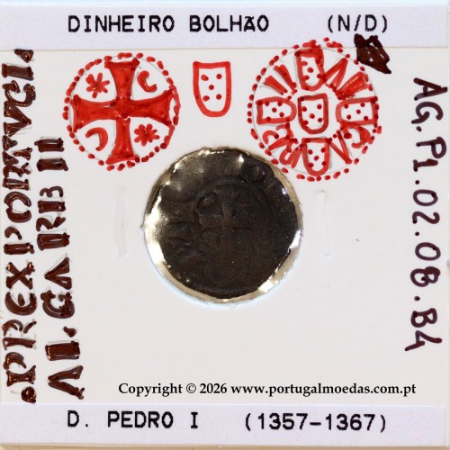 Dinheiro D. Pedro I bolhão (1357–1367) – Detalhe iconográfico – Ref. MQ.1D.AG.P1.02.08.B4