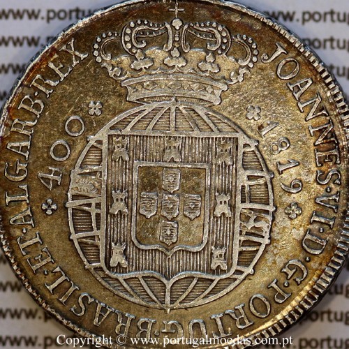 Cruzado Novo prata 1819 D. João VI — Detalhe da coroa baixa (48 pérolas) — Ref. MQ.4D.AG.J6.12.02.B1 —  MBC+ / Bela
