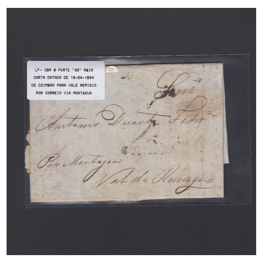 Pré-Filatélica circulada de Coimbra para Vale Remígio datada de 19-04-1834