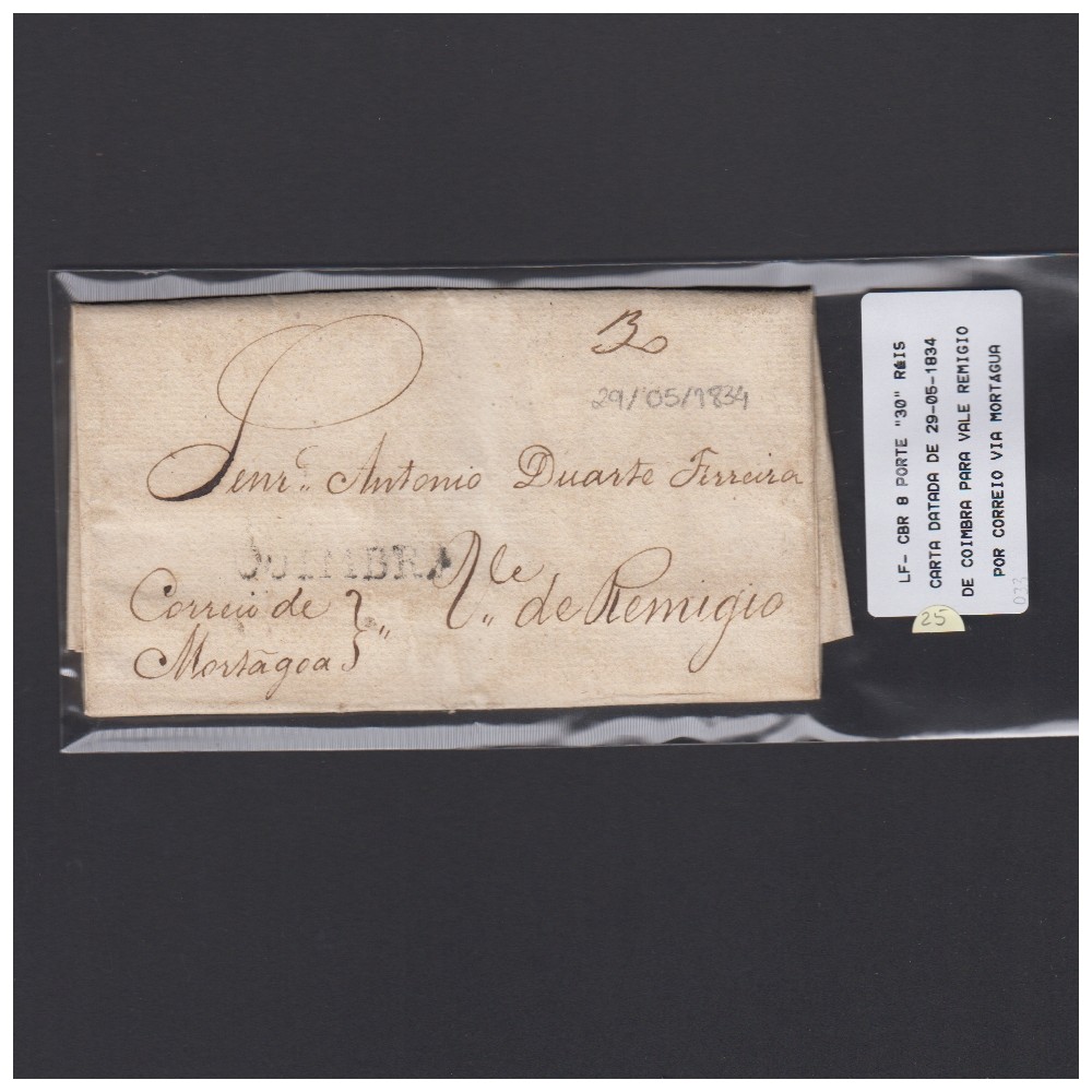 Pré-Filatélica circulada de Coimbra para Vale Remígio datada de 29-05-1834