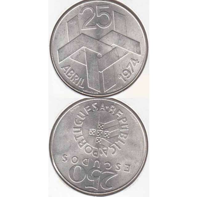 250 Escudos prata 25 Abril 1974, 250$00 prata 1977 comemorativa do 25 de Abril 1974, (Bela), World Coins - Portugal KM 604