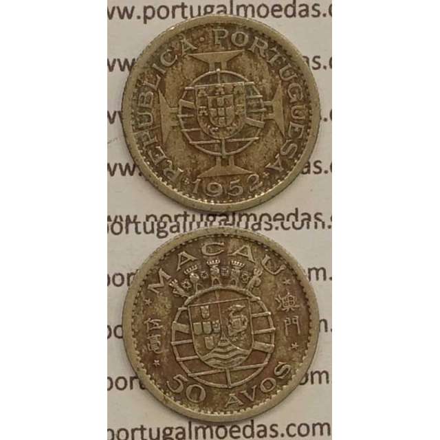 Macau 50 Avos 1952 Cuproníquel , Macao Portuguese Colony 50 avos 1952, (MBC), Ex-Colónia Macau, World Coins Macao KM 3