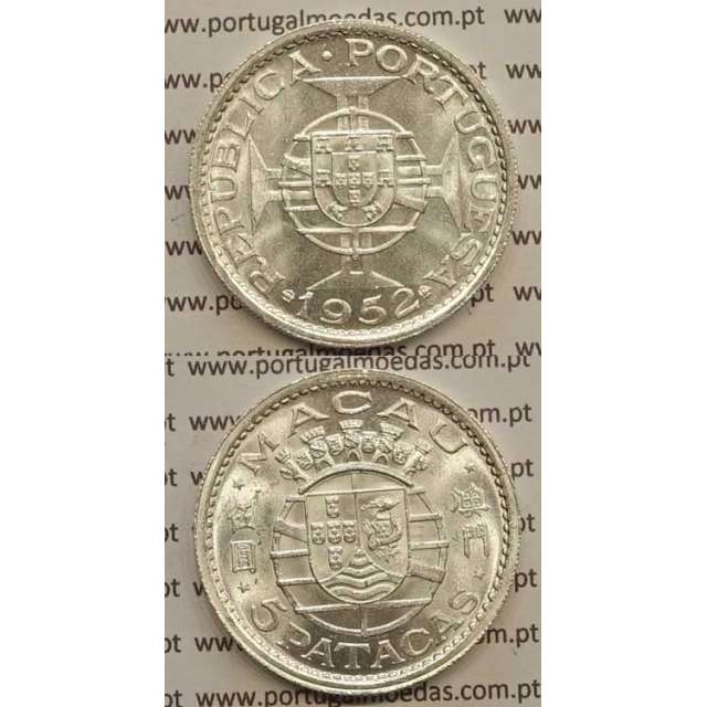 Moeda de Macau 5 Patacas 1952 Prata, Macao Portuguese Colony 5 Patacas 1952, (Soberba), Ex-Colónia Macau, World Coins Macao KM 5