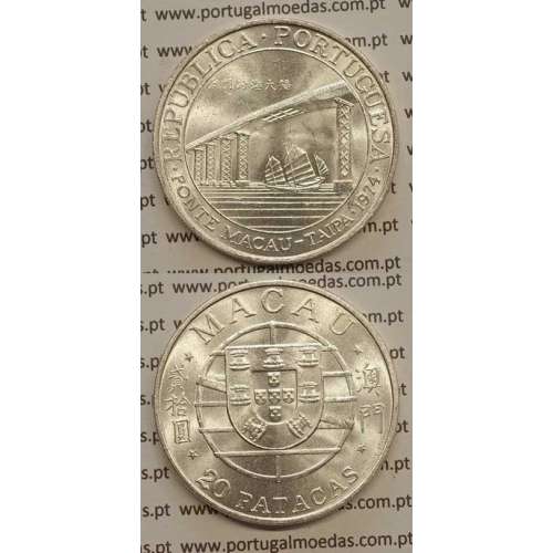 Macau 20 Patacas 1974 Prata, Comemorativa da Ponte Macau-Taipa, (Soberba), Ex-Colónia Macau, World Coins Macao KM8