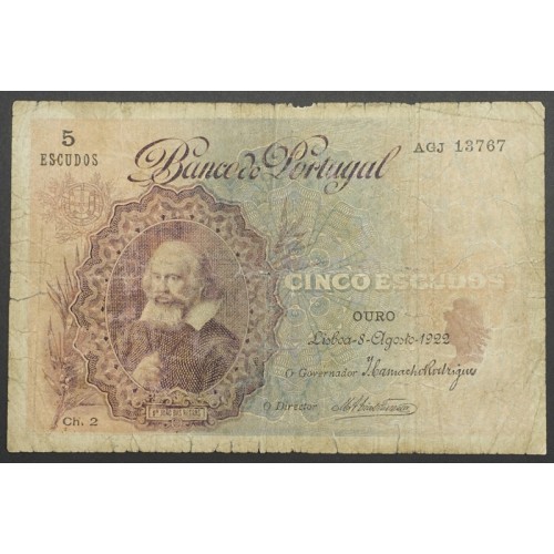 NOTA DE 5 ESCUDOS 1922 ( CIRCULADA ) "5$00 1922 Ch.2 DR. JOÃO DAS REGRAS - BANCO DE PORTUGAL (08/08/1922)