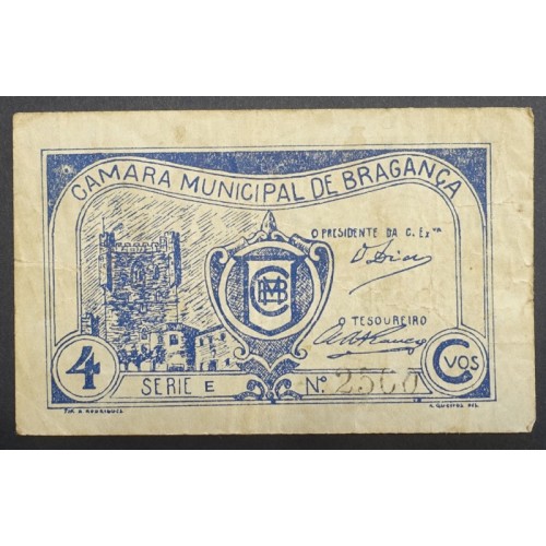 Cédula 4 Centavos Camara Municipal de Bragança, Série E Nº2500, (C), Referencia nº 1149 no catálogo I.C.P.